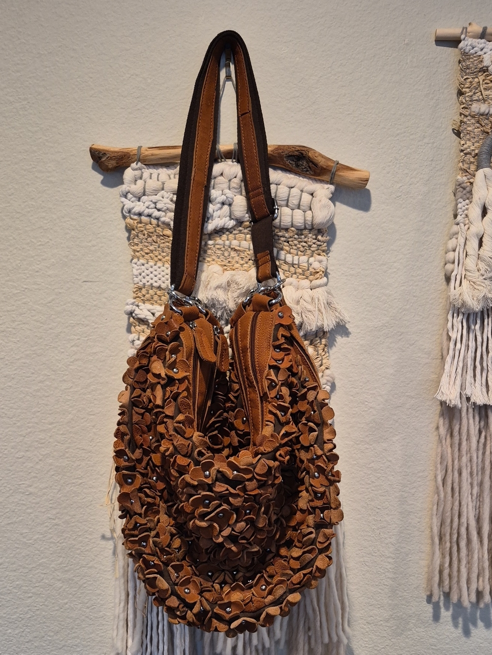 Genuine Leather 3D Silver Tone Studded Flower Detail Shoulder Crossbody Boho Bag - Picture 4 of 15